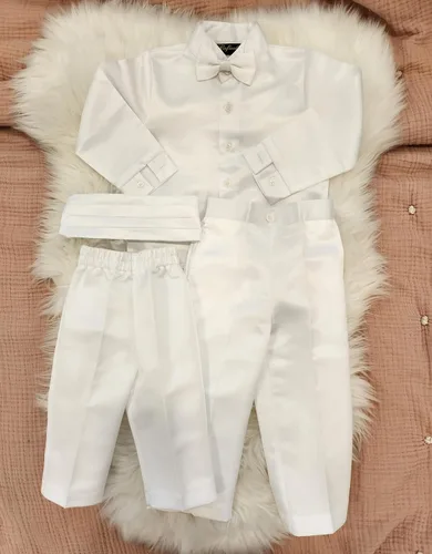 Vista 3 de iGilrDress - Cola de cuello mandarín blanco para bautizo y bautizo, 5 piezas, esmoquin con bordado cruzado