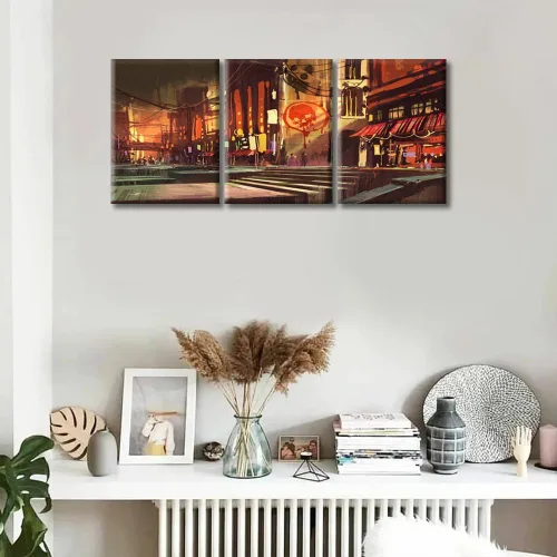 Vista 4 de Arte de pared de 3 piezas de escena de ciencia ficción de la calle comercial futurista paisaje urbano, decoración de pared para dormitorio