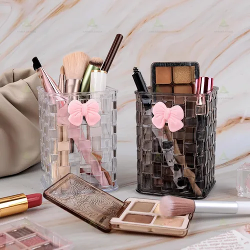 Vista 3 de Paquete de 2 soportes para brochas de maquillaje con lazo con bolsa de cosméticos adhesiva para mujer With Stickable Cosmetic-bag
