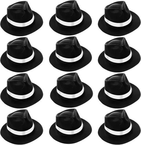 Vista 8 de Sureio Sombrero de gángster de 12 piezas, sombreros de plástico para caballeros, sombreros de disfraz de gángster para hombres, mujeres, niños