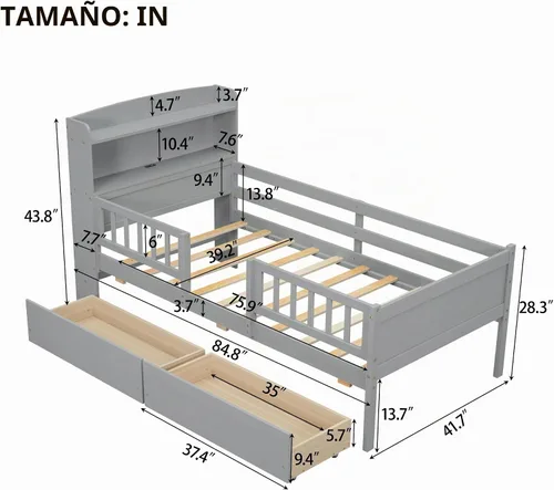 Vista 2 de VilroCaz Cama de plataforma de tamaño individual con barandilla y cabecera multifuncional, base de cama de plataforma de madera con 2 cajones