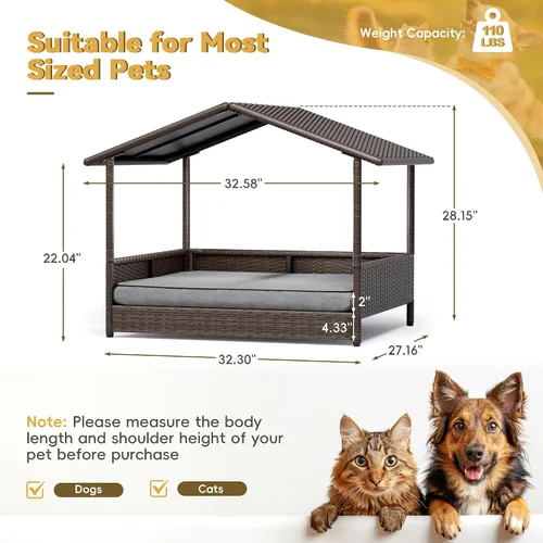 Vista 3 de Greesum Casa de mimbre para perros pequeños/medianos, cama elevada para perros al aire libre e interior con cojín, para terraza, patio, piscina