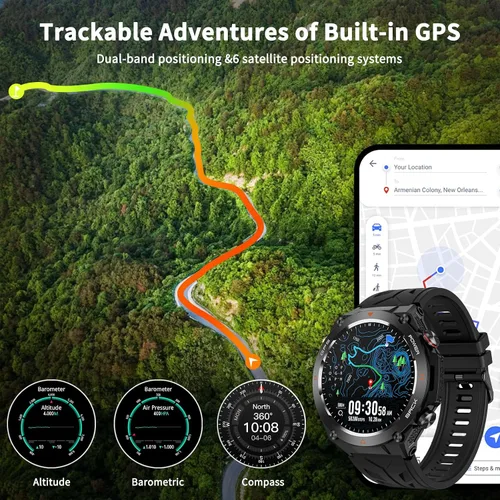 Vista 2 de Reloj inteligente militar con GPS, presión/altitud/brújula, reloj inteligente resistente para hombres con batería extragrande de 650 mAh