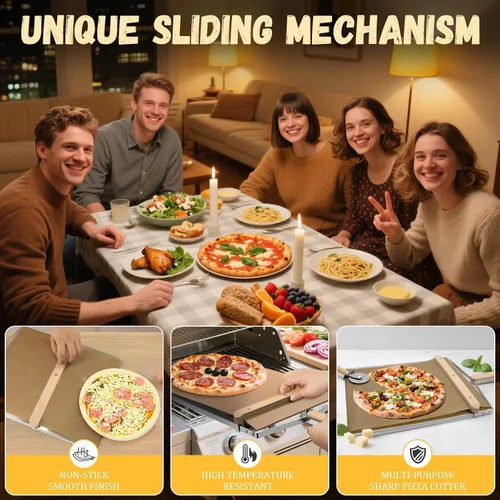 Vista 8 de Pala deslizante para pizza, bandeja deslizante de metal grande de 15 x 13 pulgadas, para hacer 12 pulgadas, tablero de pizza de metal de acero