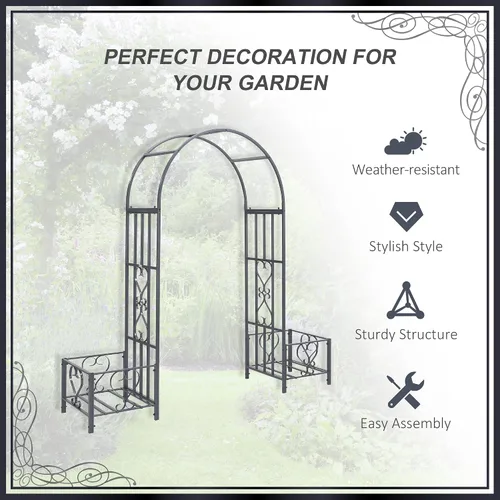 Vista 4 de Outsunny Cenador de arco de jardín de acero de 6.7 pies con corazones enrollados, jardineras para enredaderas, ceremonias, bodas, fiestas, patio