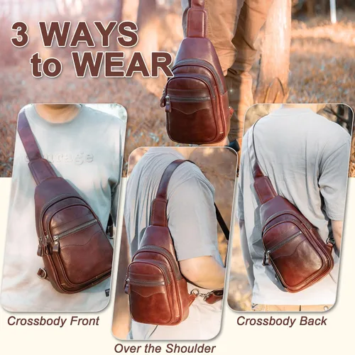 Vista 3 de Bolso bandolera de cuero genuino para hombres y mujeres, bolso de hombro cruzado, mochila de pecho, bolso de mano casual