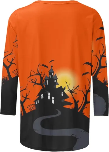 Vista 5 de nhApmj Camisetas de Halloween de manga 34 para mujer, moda de otoño 2023, cuello redondo, estampado de Halloween, sudadera ajustada