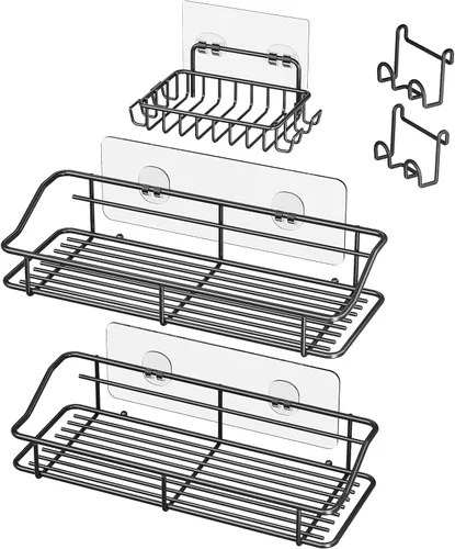 Vista 11 de Nieifi - Estante adhesivo para ducha con estantes de almacenamiento sin perforación de acero inoxidable con ganchos para baño, lavabo, aseo