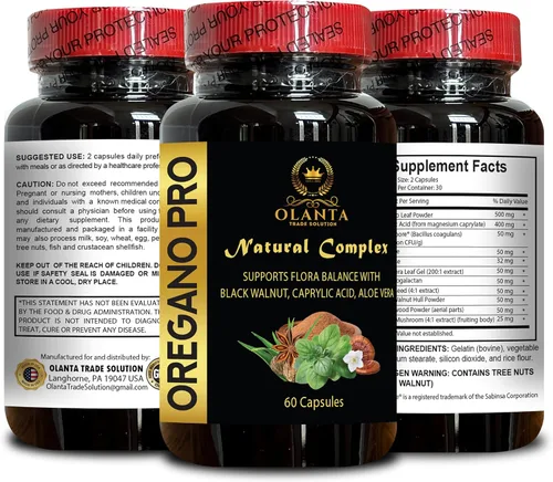 Vista 2 de Cápsulas complejas de hoja de orégano - Apoya el bienestar del colon y el equilibrio digestivo Suplemento de ácido caprílico - 1 botella 60