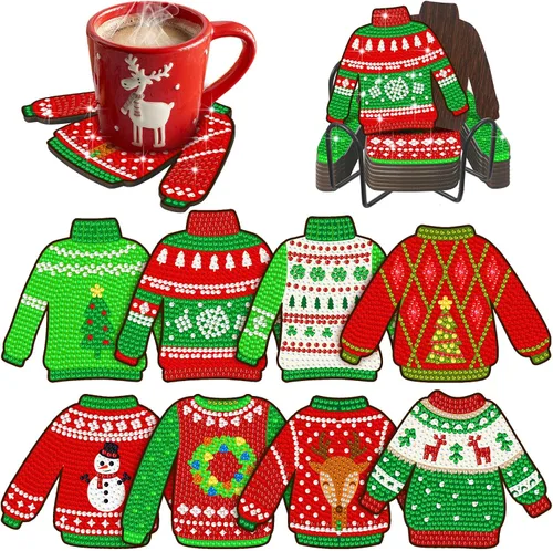 Vista 10 de Perthlin 8 posavasos de arte de diamantes de Navidad, árbol de Navidad, gnomo de caramelo, juego de pintura con soporte, kit de pintura de diamantes