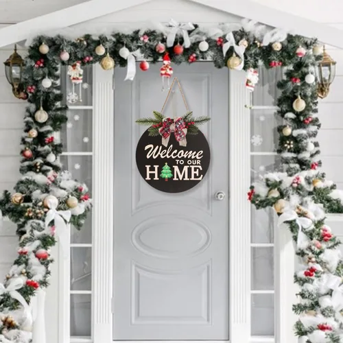 Vista 8 de Señal de bienvenida intercambiable para decoración de puerta delantera con 4 coronas de temporada y 14 iconos festivos, colgador de puerta de Negro