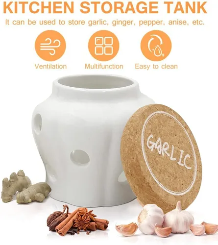 Vista 3 de XINLI Recipiente de almacenamiento de cerámica ventilado para ajo rústico, gres blanco con tapa de corcho natural. 4.3 x 4.3 x 3.7 pulgadas