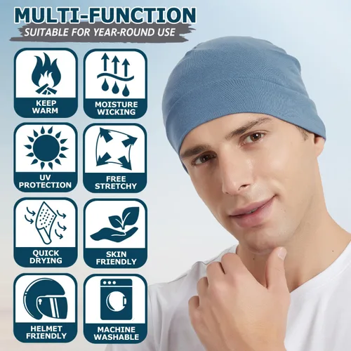 Vista 3 de Headshion Gorras de algodón con diseño de calavera para hombres y mujeres, paquete de 2 gorros ligeros para dormir, transpirables, forro para casco
