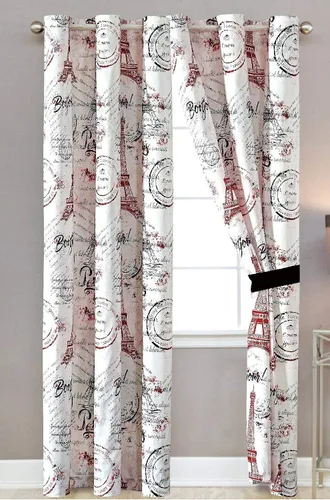 Vista 3 de LinenTopia Cortinas con temática de París, juego de 2 paneles con respaldo transparente y ojales plateados, decoración de la torre Eiffel, cortinas