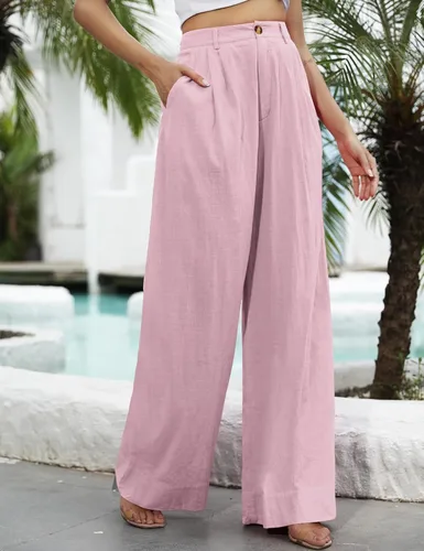 Vista 3 de Kocowoo Pantalones de vestir de lino de pierna ancha para mujer, pantalones palazzo de cintura alta, pantalones casuales de playa con bolsillo.