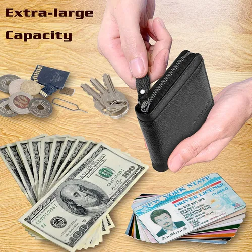 Vista 10 de Admetus Billeteras con bloqueo RFID para hombre, billetera de cuero con cremallera para hombres con tarjetero RFID plegable