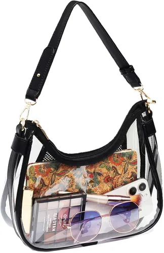 Vista 10 de Bolso de hombro transparente para mujer – Lindo bolso Hobo Tote, bolso cruzado y mini bolso de mano aprobado por el estadio