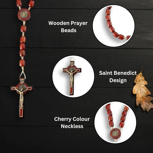 Vista 4 de Catholica Shop Rosario de cuentas de madera de San Benito para hombres y mujeres con crucifijo y medalla de San Benito. Hecho en Brasil