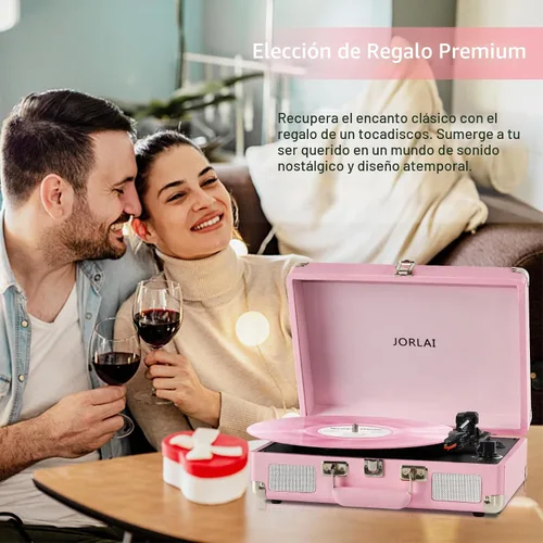 Vista 6 de Reproductor de discos de vinilo rosa de 3 velocidades portátil en maleta con altavoces duales integrados, gramófono Bluetooth con batería