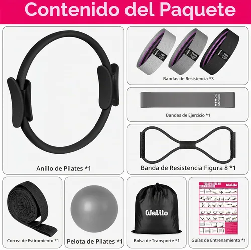 Vista 7 de WALITO Kit de Pilates para el Hogar para Mujeres, Juego de Anillo de Pilates con Círculo Mágico, Bandas de Resistencia, Bandas de Ejercicio Figura