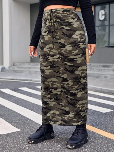 Vista 3 de Verdusa Falda larga casual con cordón de cintura alta con estampado de camuflaje para mujer