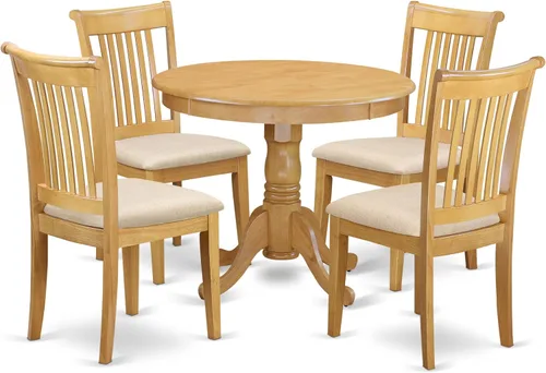 Vista 7 de East West Furniture ANPO3-OAK-C Juego de mesa y sillas de cocina de 3 piezas contiene una mesa de comedor redonda con pedestal y 2 sillas tapizadas