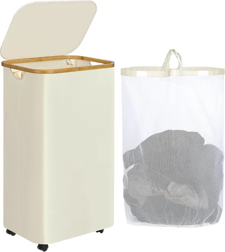 Vista 24 de iEGrow - Cesta de lavandería delgada de 65L, cesta de lavandería estrecha con tapa, cesta de ropa plegable con asas de bambú, cesta de lavandería
