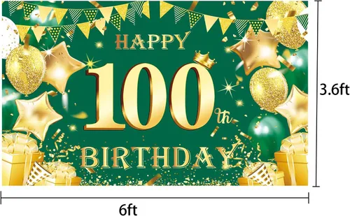 Vista 2 de Cartel de feliz cumpleaños número 100 de oro verde, 3.6 x 6 pies, montaje en pared, fiesta, cumpleaños