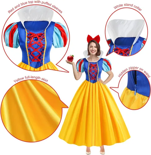 Vista 4 de Disfraz de princesa para mujer, vestido de princesa para adultos con diadema, disfraz de Halloween