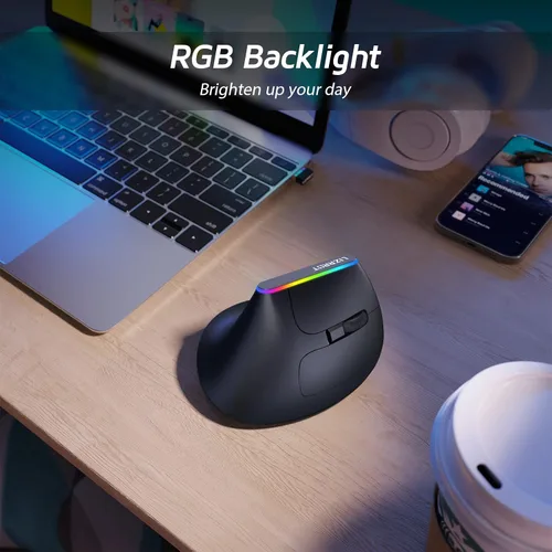 Vista 8 de LIZRROT Mouse ergonómico inalámbrico, mouse vertical RGB, 800-1600 DPI, 6 botones recargables 2.4G USB mouse para laptop, escritorio, PC, MacBook