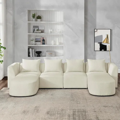 Vista 3 de Quarte Sofá seccional en forma de U, sofá modular con dos asientos individuales, dos sillas, combinación de bricolaje, tela de hilo en bucle Beige/5