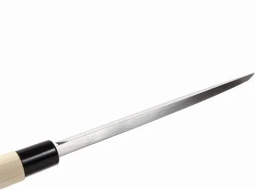 Vista 5 de Filete japonés de sushi mejor cuchillo de chef afilado Kigami (acero amarillo)-No.2 mango de madera de magnolia en forma de D, Deba 7.7 pulgadas