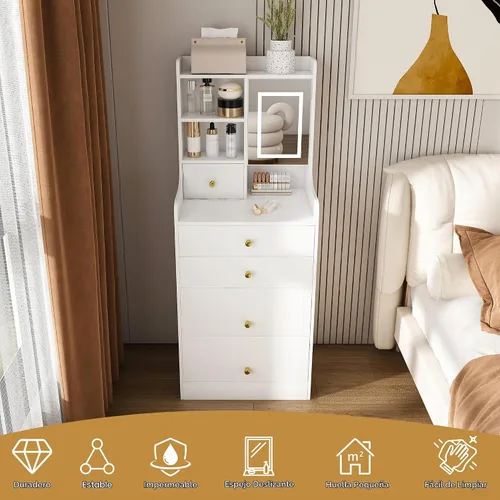 Vista 5 de Runboll - Mesa de Tocador Compacta con Taburete de Almacenamiento y Espejo Iluminado Ajustable, Escritorio de Maquillaje Pequeño 3-en-1 con 4
