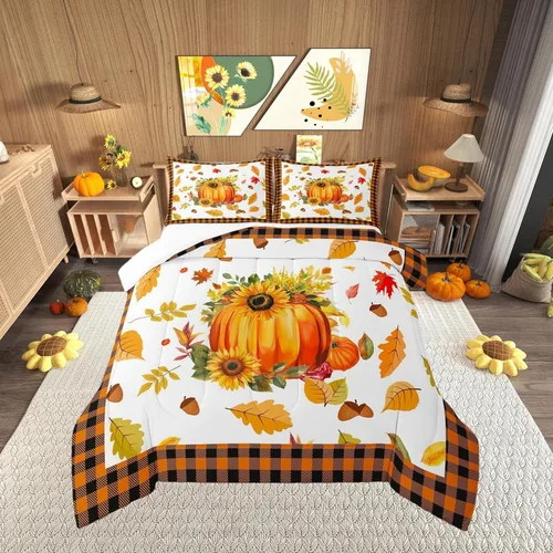 Vista 12 de Castle Fairy Juego de edredón de calabaza, hojas de arce para niños, niñas, mujeres, adultos, escena de otoño, casa de campo, edredón acolchado