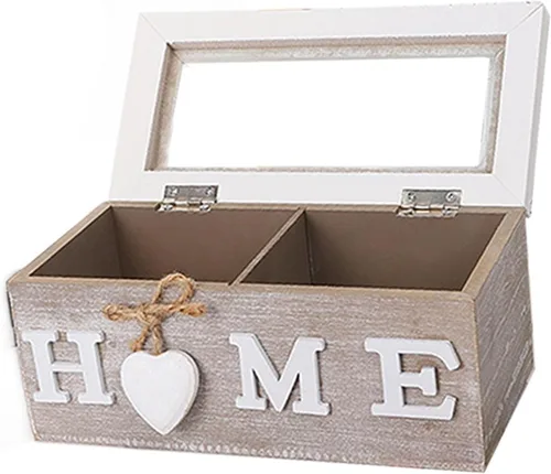 Vista 7 de Wooden Tea Box Storage Holder Organizer Container with Lightweight Structure and Secure Lid Suitable for Jewelry Organizer Display Home, 3 Grid