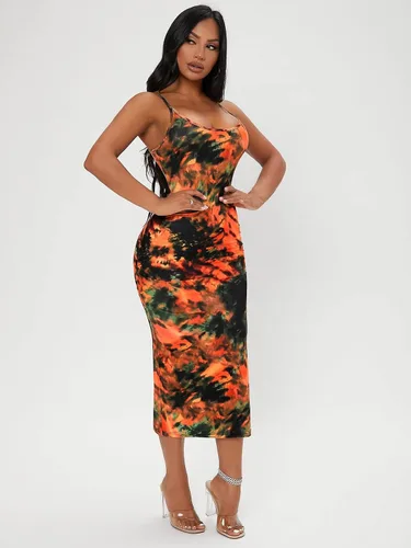 Vista 4 de WDIRARA Vestido midi sin mangas con tirantes delgados y teñido anudado para mujer