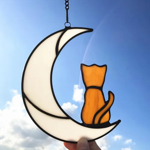 Vista 9 de Decoración de gato atigrado gris en luna azul para colgar en la ventana, regalo conmemorativo para los amantes de los gatos, adorno para mascotas