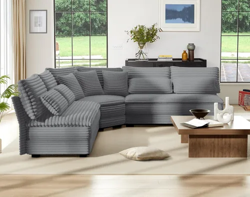 Vista 4 de Sofá modular de 5 plazas, sofá esquinero en forma de L de 102 pulgadas, sofá de pana de gran tamaño con cojines de 2 capas, sofá en forma de V
