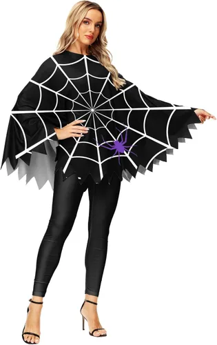 Vista 4 de Disfraz de calabaza de Halloween, capa de poncho de esqueleto de telaraña