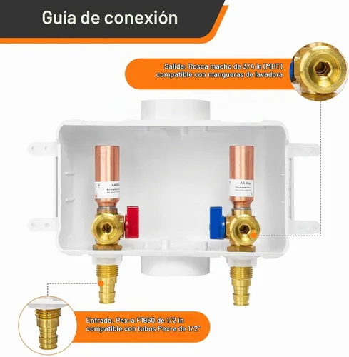 Vista 2 de 1 caja de salida para lavadora HeSun, entrada PEX-A de 1/2" x salida MHT