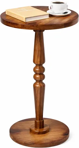 Vista 8 de Mesa auxiliar redonda para espacios pequeños, mesita de noche pequeña con parte superior de madera maciza y pata de pedestal, mesa moderna