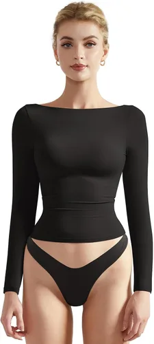 Vista 19 de SUUKSESS Camiseta de mujer con cuello redondo, manga larga, doblemente forrada, ajustada y corta