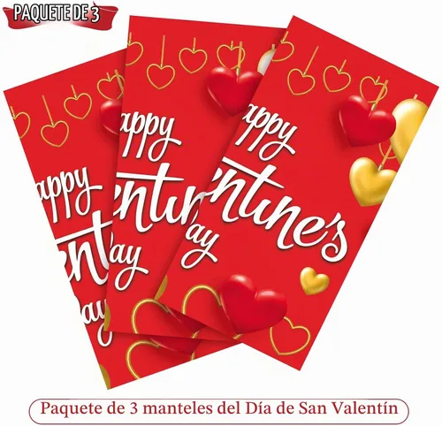 Vista 4 de WovWeave Mantel de plástico de 3 piezas de San Valentín, diseño de corazón rojo y dorado, para el Día de San Valentín, desechable, rectangular