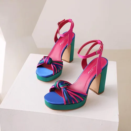 Vista 4 de sun gurg Sandalias de punta abierta para mujer, con correa al tobillo, plataforma y tacón alto grueso, zapatos de fiesta con lazo