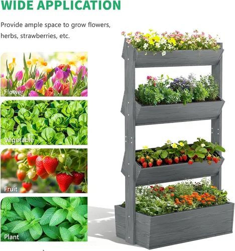 Vista 5 de DoCred Cama de jardín vertical elevada de madera, 4 niveles mejorados, soporte de madera independiente para plantas, hierbas, flores, verduras