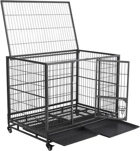 Vista 4 de Yaheetech Jaula de perro resistente a prueba de escapes de 43 pulgadas con puertas dobles, 2 bandejas extraíbles, ruedas bloqueables, perrera