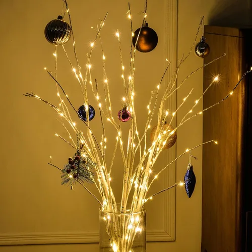 Vista 6 de Bexdir Ramas de árbol blancas de abedul iluminadas de 33 pulgadas, 180 luces LED con temporizador enchufable, árbol artificial blanco ramita