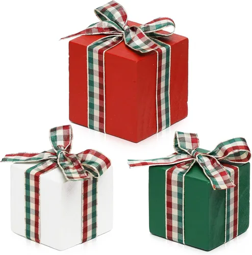 Vista 8 de Juego de 3 bandejas escalonadas de Navidad para decoración de mesa pequeña de madera (cuadros de búfalo 1)