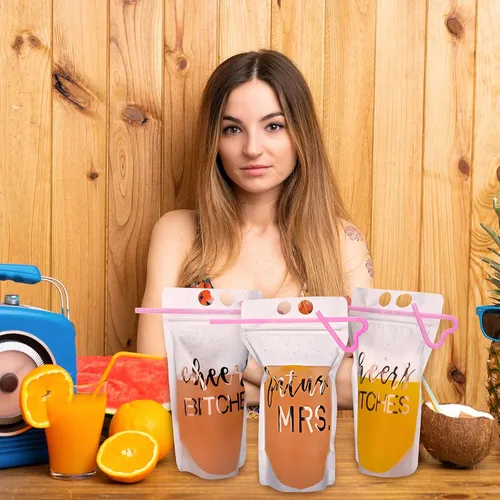 Vista 4 de Patelai 16 vasos para bebidas de despedida de soltera con pajilla, bolsas desechables de jugo de 17 onzas, vasos desechables para bodas y despedidas