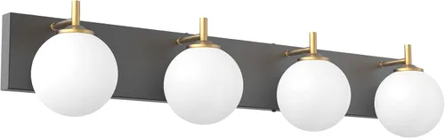 Vista 10 de Aipsun Lámpara de tocador de baño moderna de mediados de siglo, 3 luces, pantallas de vidrio blanco lechoso, lámpara de baño negro/dorado